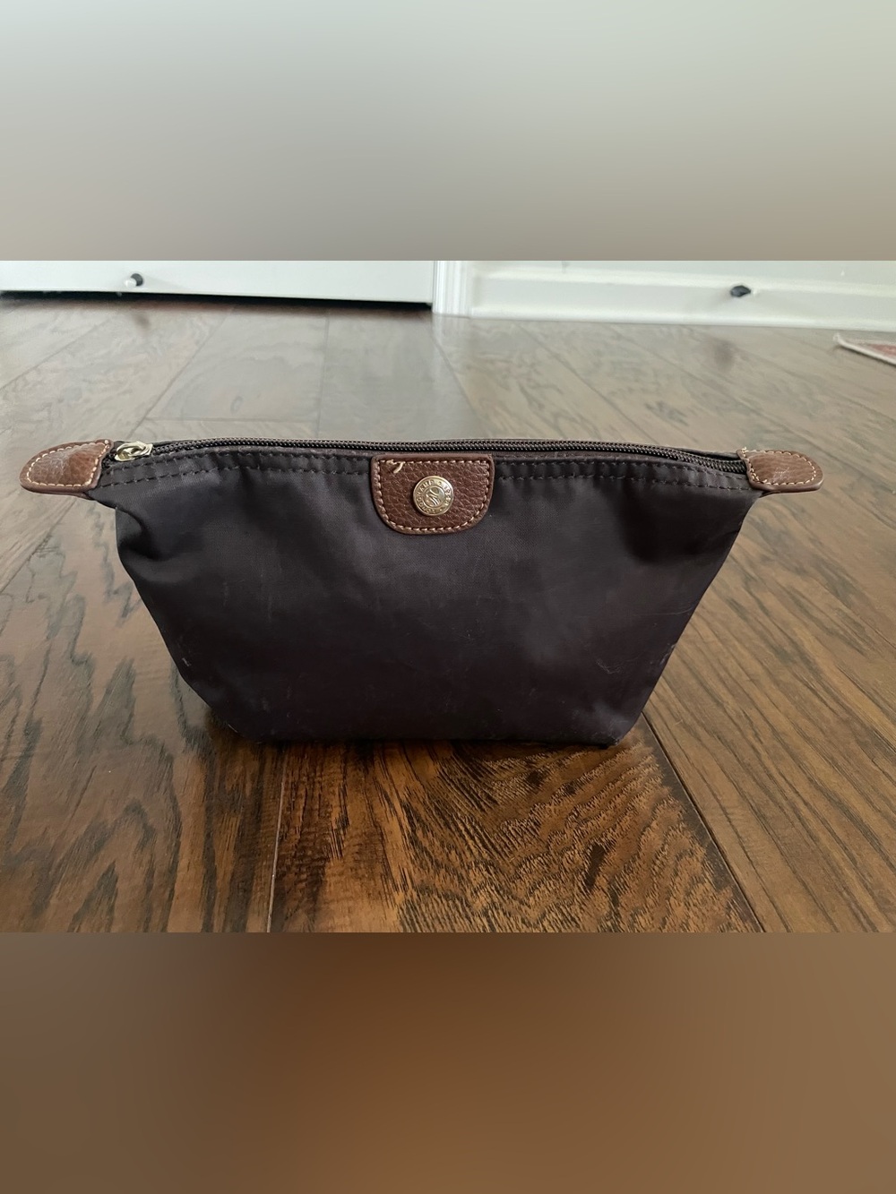 Longchamp Brown Nylon Toiletry Pouch with Leather Trim